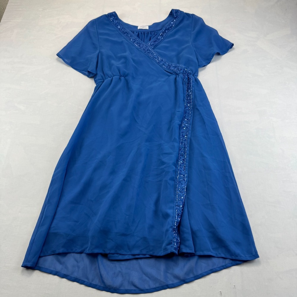 Amichi Wrap Dress Womens Medium Blue Beaded Sequin Detail Short Sleeve V-Neck